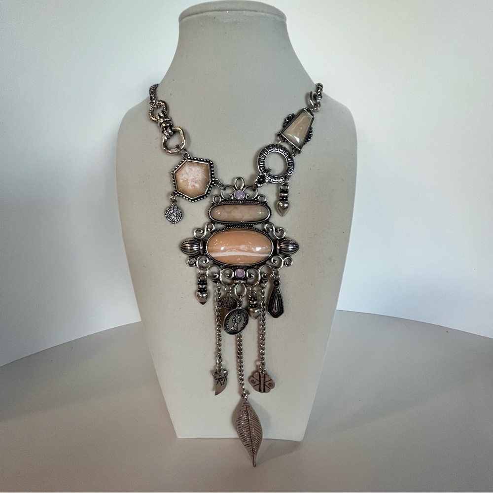 Bohemian Pink Stone Statement Necklace with Charms - Picture 6 of 16